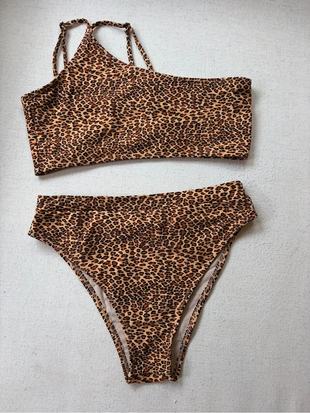 XOXO Leopard Print One-Shoulder Bikini Set in Brown/Tan